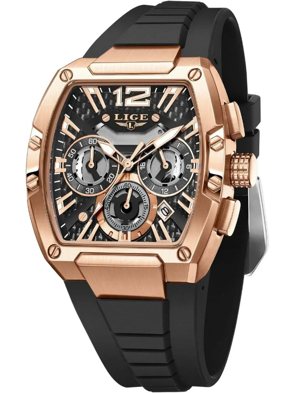 Men's Black and Bright Copper Square Chronograph Stainless Steel Quartz Watch